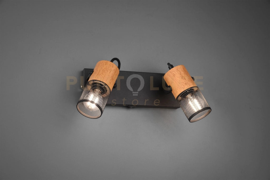 TOSH BARRA 2 SPOTS CILINDRI GABBIA METALLO NERO OPACO E LEGNO L. 26CM ATTACCO E14