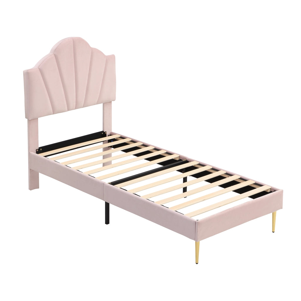 Letto imbottito in velluto rosa 90x200 cm con testiera regolabile, rete a doghe in legno e gambe in ferro dorato