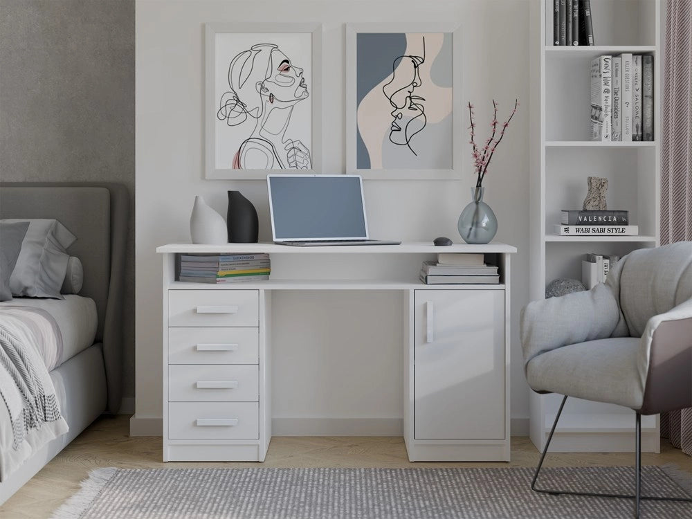 Scrivania ADA bianco 125 cm 4 cassetti mobile con ripiani per ufficio camera e laptop