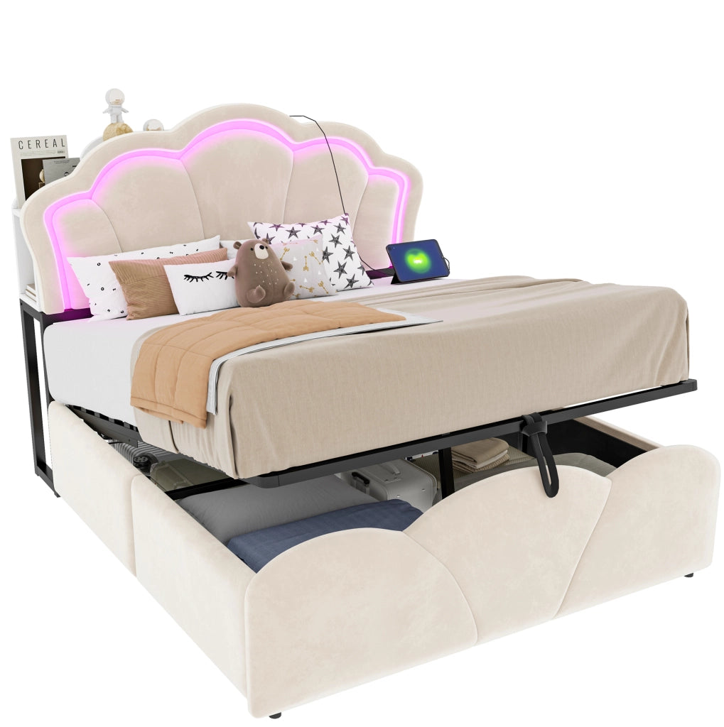Letto imbottito 140x200 cm in velluto beige con contenitore idraulico; LED e prese integrate