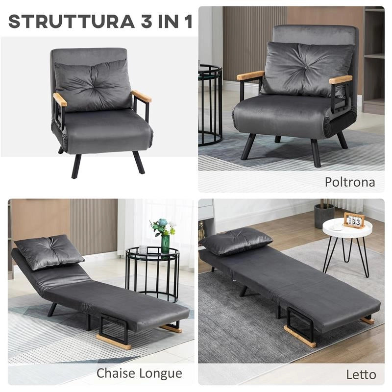 POLTRONA LETTO 3 IN 1 CON SCHIENALE RECLINABILE IN 5 POSIZIONI E CUSCINO 63X73X81 CM GRIGIO SCURO