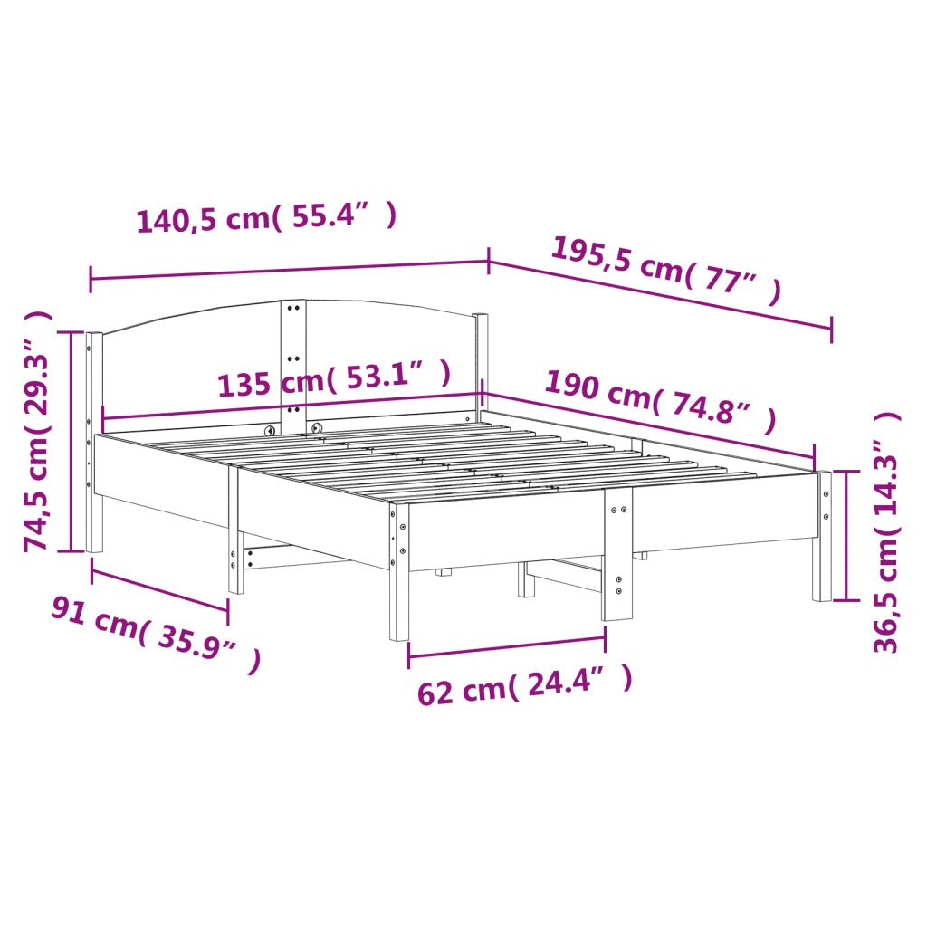 Letto senza Materasso 135x190 cm in Legno Massello di Pino 842606