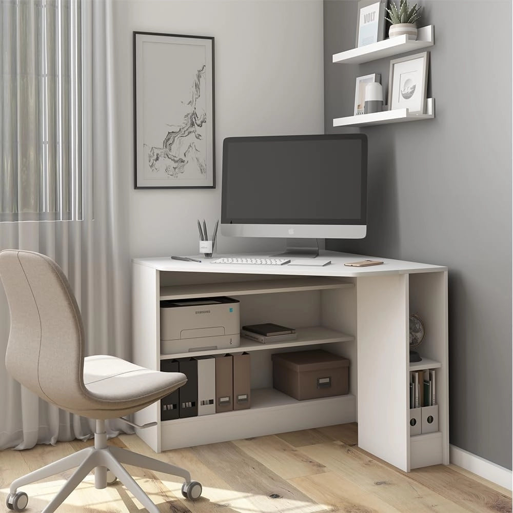 Scrivania angolare Alvaro, Bianco, 94 x 94 cm, con ripiani aperti per un utilizzo flessibile nell'area di lavoro