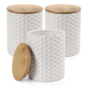SET 3 BARATTOLI TONDI IN CERAMICA CON RILIEVO BIANCO, TAPPO IN LEGNO 13X17CM