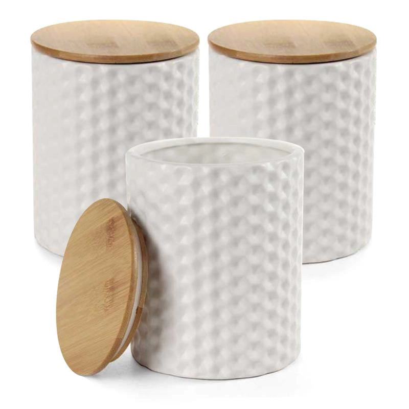 SET 3 BARATTOLI TONDI IN CERAMICA CON RILIEVO BIANCO, TAPPO IN LEGNO 13X17CM