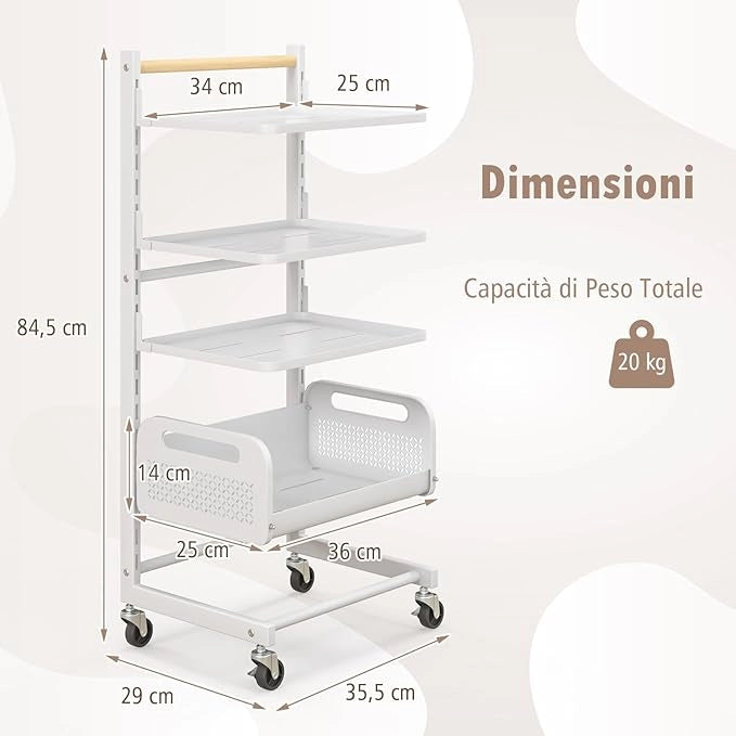 Carrello Portaoggetti a 4 Ripiani, Carrello Rotante Multiuso in Metallo con Ripiani Regolabili, Manico in Legno di Gomma e Ruote Universali Bloccabili, 35,5 x 29 x 84,5 cm
