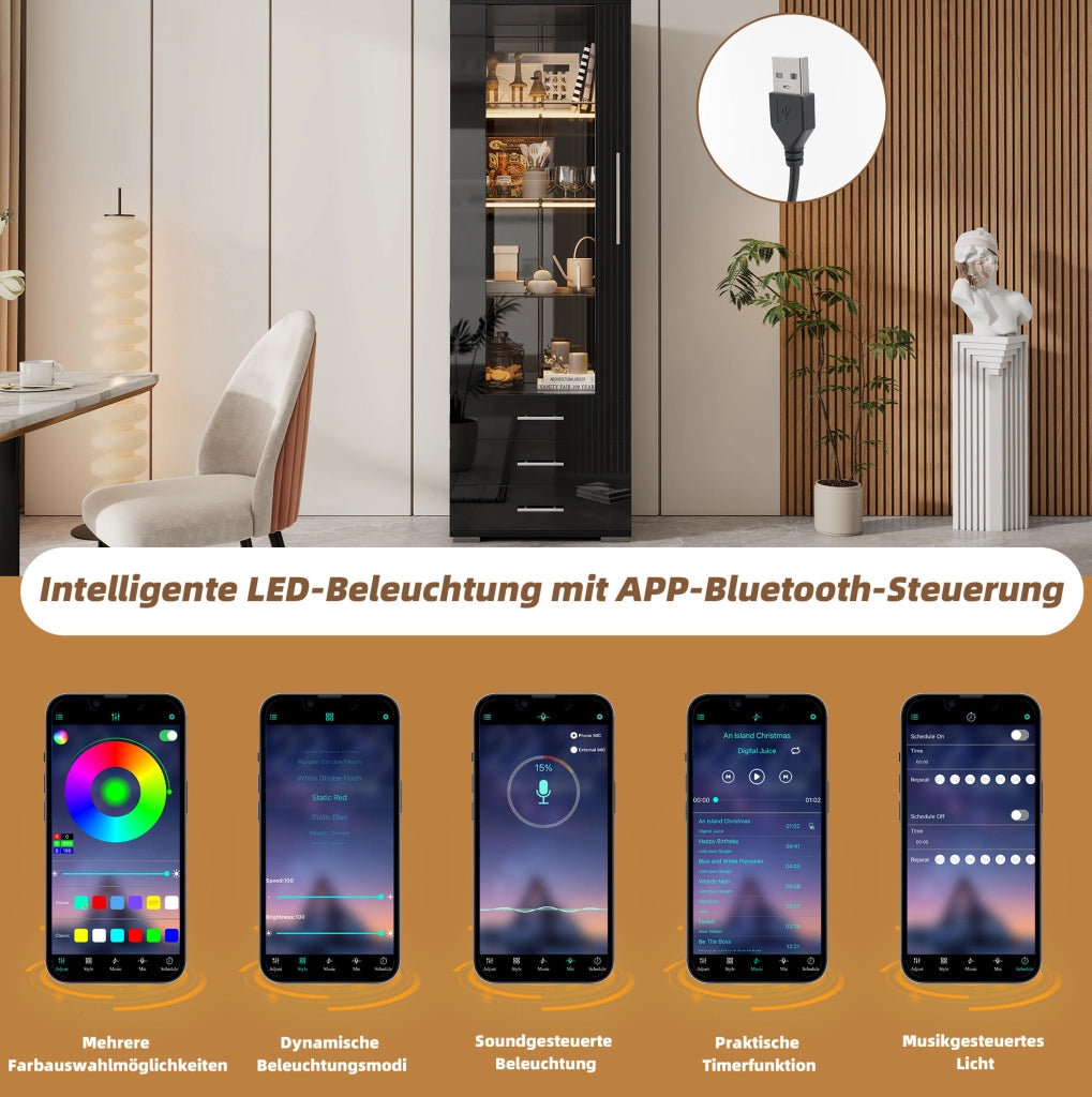 Vetrina espositiva in MDF con LED controllabile via app; 3 cassetti; 60 x 35 x 180 cm; nera