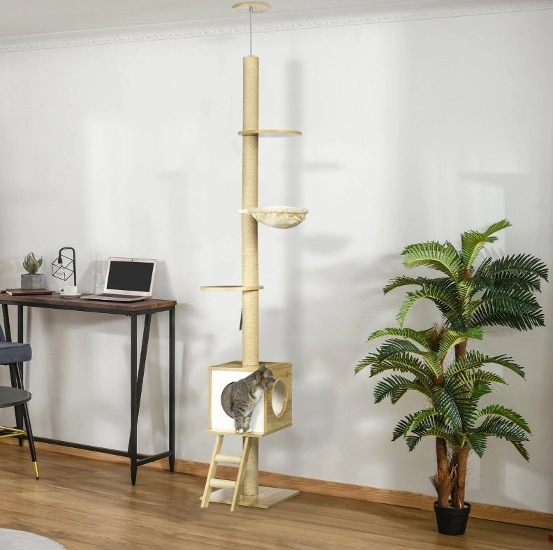 Albero tiragraffi da pavimento a soffitto con amaca e casa per gatti