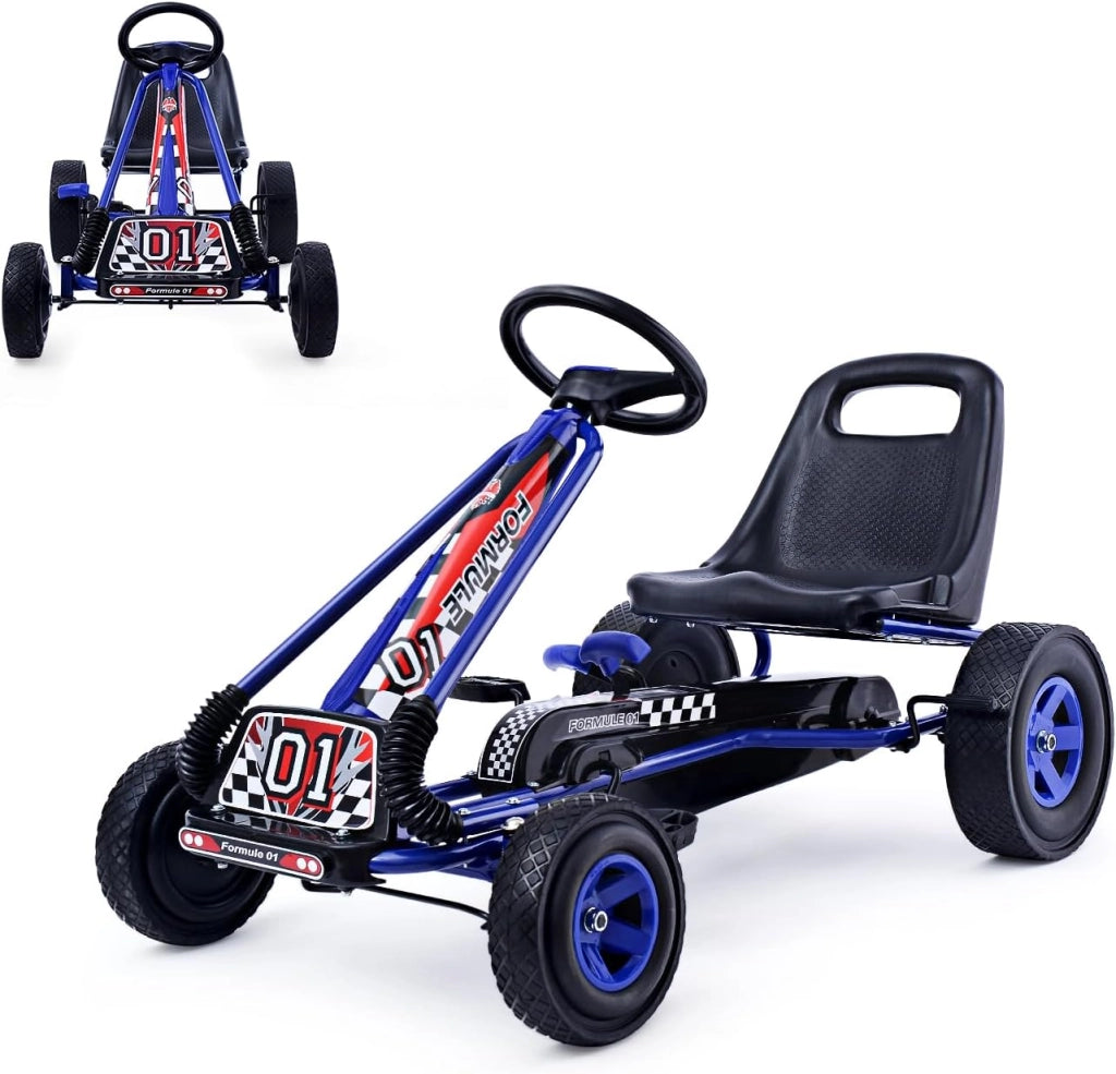 Go Kart a Pedali per Bambini, Macchina per Bambini con Sedili Regolabili in 2 Posizioni e 4 Ruote Antisdrucciolo, Carico 30 kg, per 3 Anni + (Blu, 101 X 61 X 62 CM)