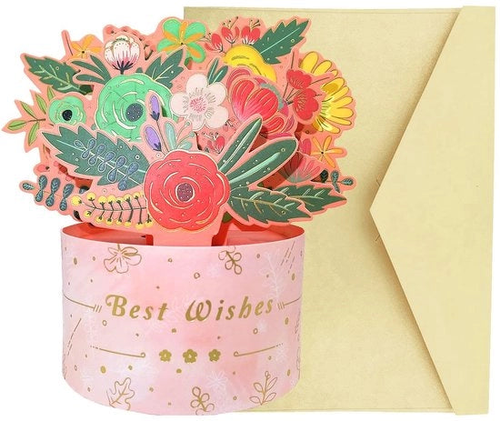 Carta 3D Pop Up - Fiori/Fioriera - Compleanno/Feste - Carta di Alta Qualità - Inclusa Busta - Spazio per i Desideri - Carta Pop-up
