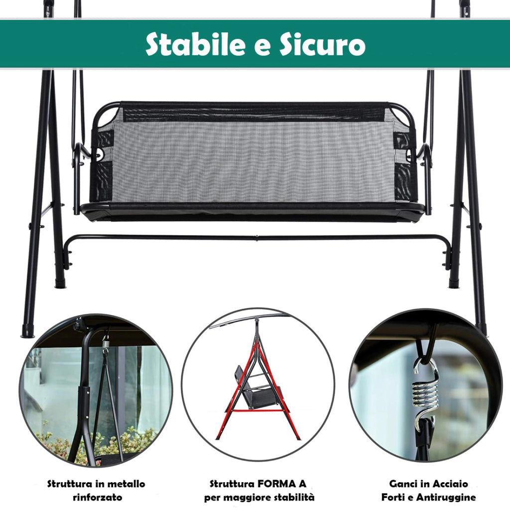 Dondolo da Giardino 3 Posti con Tettuccio Parasole Regolabile 172x110x155cm Nero