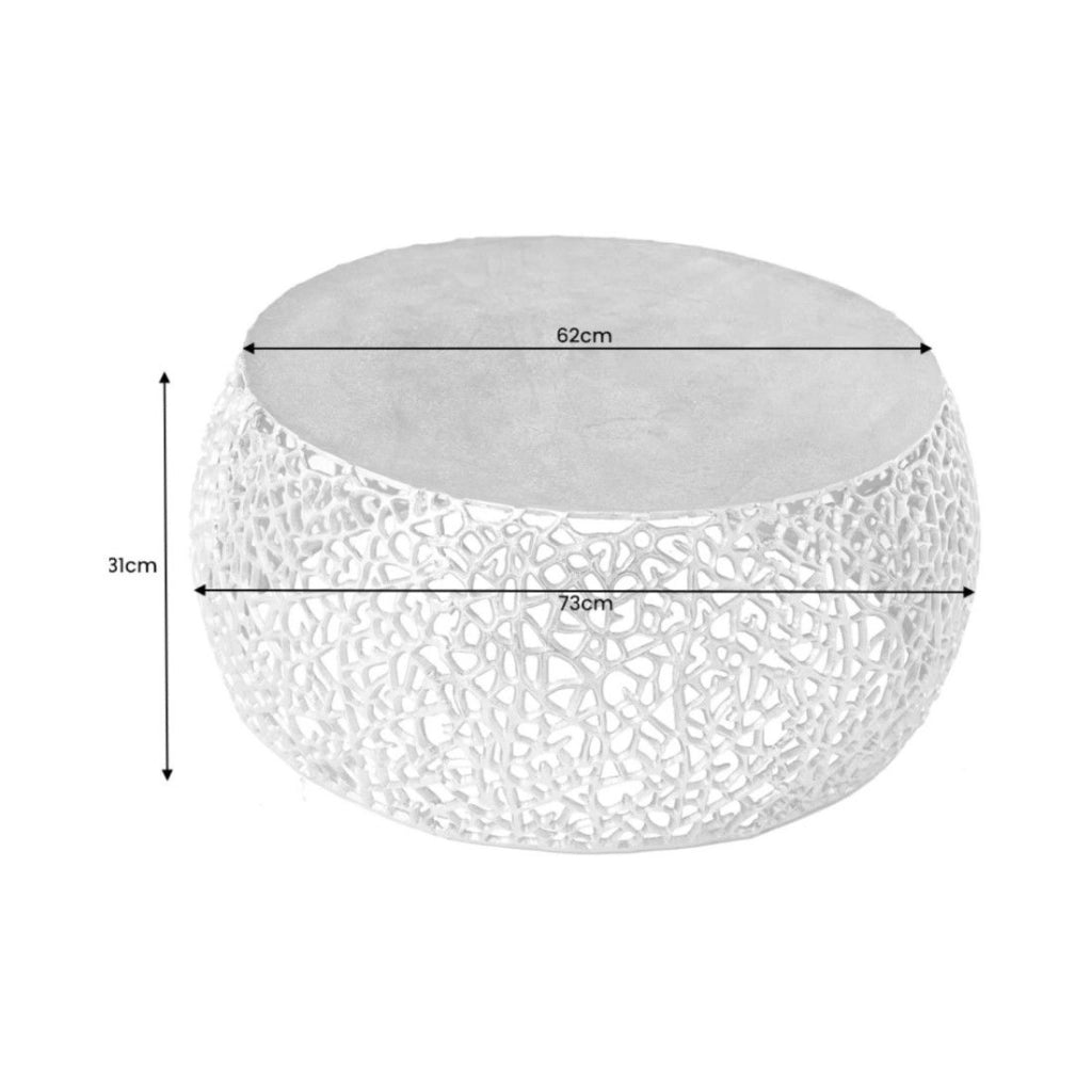 Tavolino METRIX rotondo 73 cm argentato con motivo geometrico – Tavolino design in alluminio con piano bianco opaco
