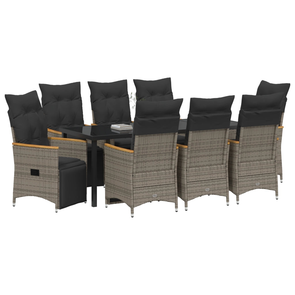 Set da Pranzo per Giardino da 9 Pezzi con Cuscini Grigio Polyrattan