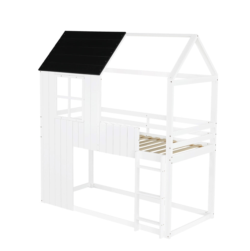 Letto a soppalco per bambini a casetta con scala 3 gradini; 90x200 cm; pino e MDF; bianco e nero