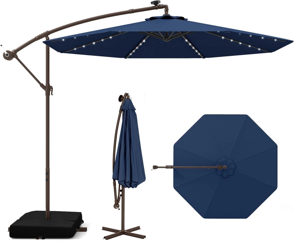 Ombrellone da Giardino con 40 Luci a LED, con Sacco di Sabbia, Ombrellone da Esterno 300 cm con Altezza Regolabile, Ombrellone per Giardino Piscina Patio, 300 x 300 x 250 cm (Blu)