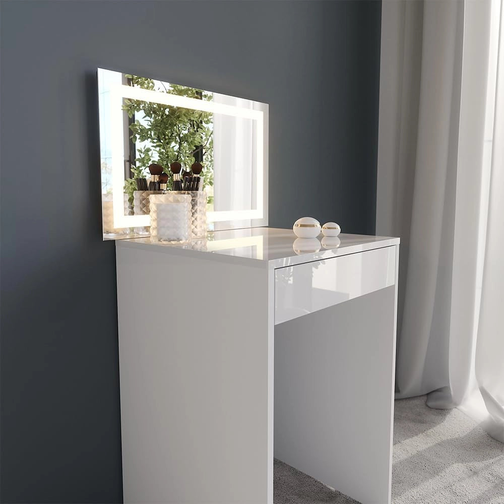 Tavolo da toeletta Sherry, Bianco/bianco lucido, 51.4 cm con specchio LED