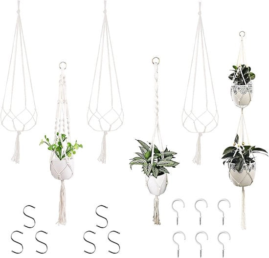 6 macramé vasi in cotone - confezione con 6 ganci a S e 6 ganci a viti - vasi a macramé per piante indoor - vasi di fiori in corda - decorazione per porta - decorazione per giardino