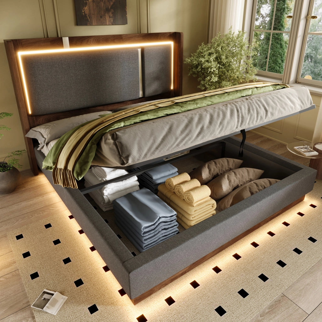 Letto matrimoniale 199x156x110 cm con LED e contenitore; in lino; legno e metallo grigio e noce