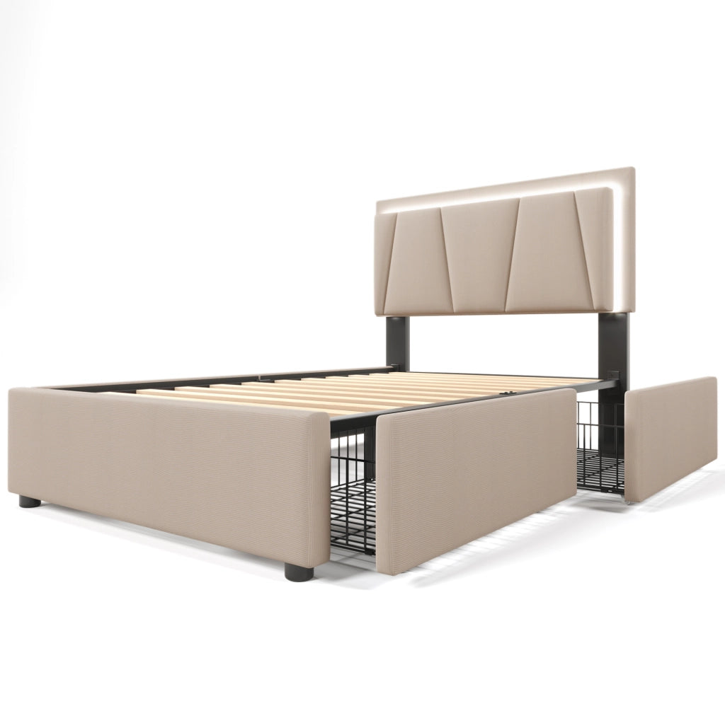Letto singolo 90x200 cm con LED e 2 cassetti; testiera regolabile; beige
