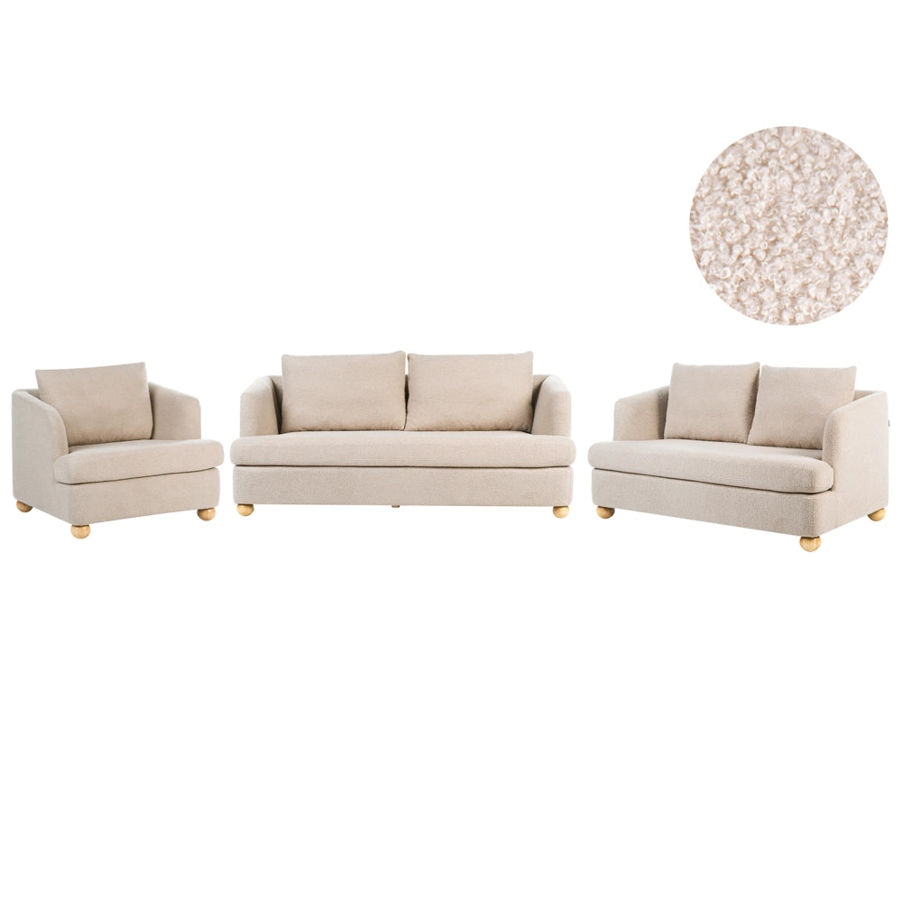 Set da salotto a 6 posti, rivestimento bouclé beige, gambe rotonde in legno con braccioli,set composto da divano e poltrona