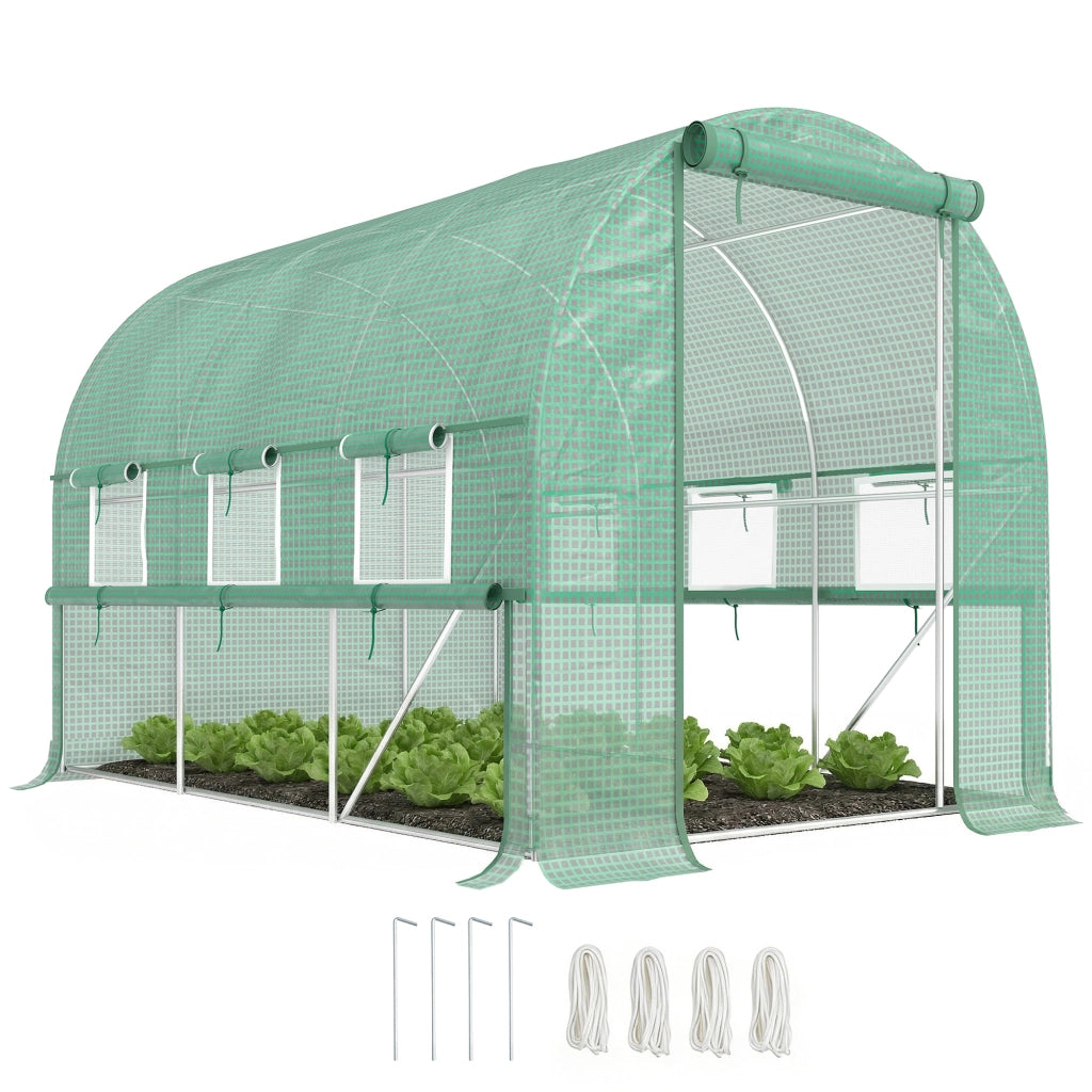 Serra per Orto 3x2x2m in Acciaio e Copertura PE, Porte con Zip e Finestre a Rete, Verde