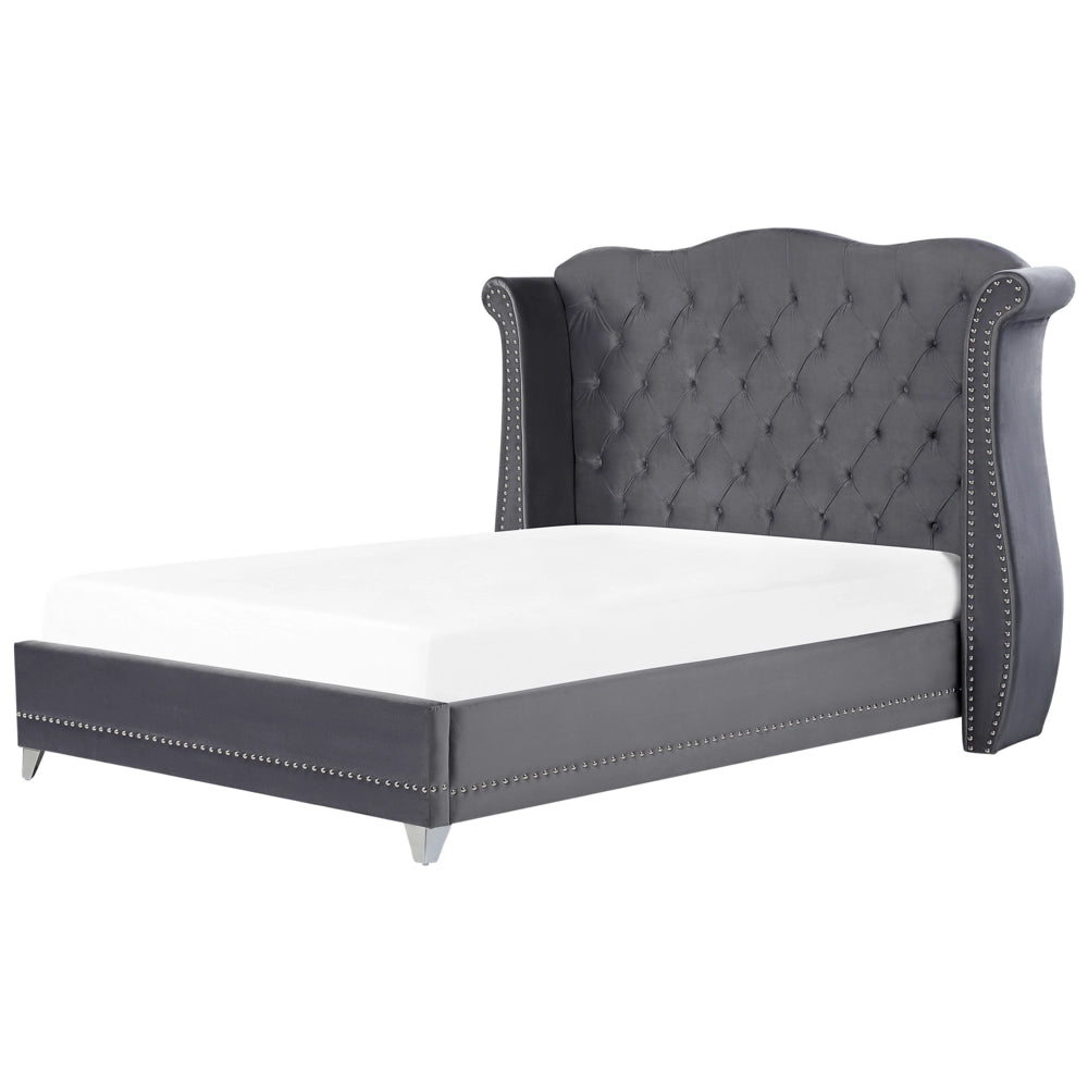 Letto 180 x 200 cm in velluto grigio con base a doghe con bottoni per testiera trapuntata