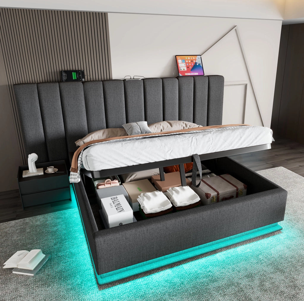 Letto matrimoniale 160x200 cm con contenitore; LED 360掳; ricarica USB e Type-C; grigio in lino