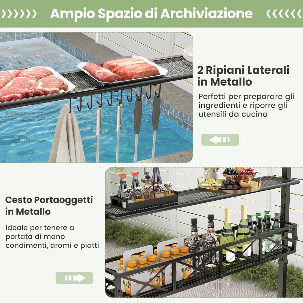 Gazebo per Barbecue, Pergola per BBQ con 2 Ripiani Laterali, Cestino, Ganci Appendiutensili, Apribottiglie, Copertura a 2 Livelli, per Giardino e Cortile, 242 x 153 x 250 cm (Grigio)