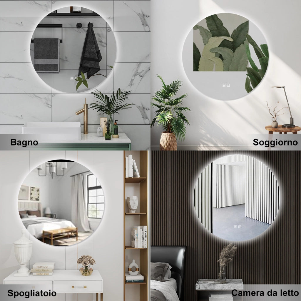 AICA Specchio da bagno 70 x 70 cm, 3 colori, antiappannamento, dimmerabile, interruttore touch, Funzione Memoria