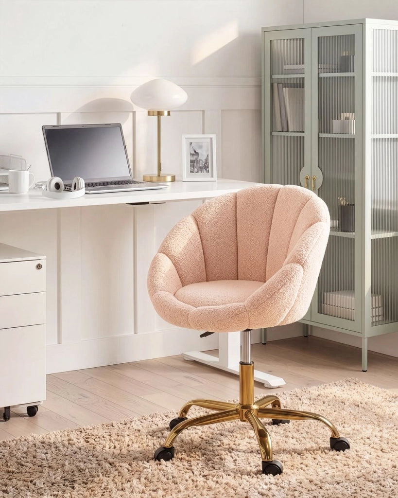 Elegante sedia da ufficio girevole in tessuto bouclè rosa pastello con base regolabile in altezza Design moderno Home Office