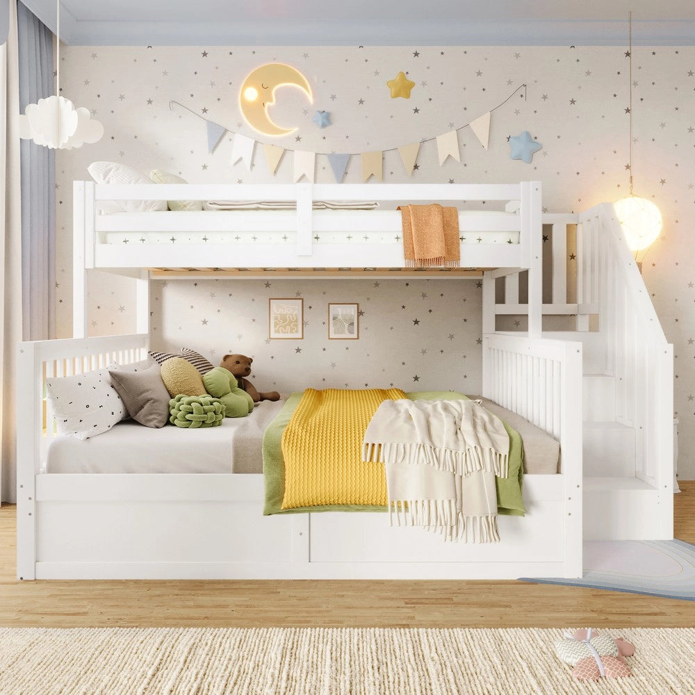Letto a Castello 90x200 + 140x200 con Contenitore e Scala ¨C Xylo ¨C Bianco