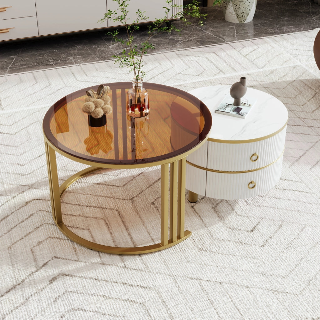 OKWISH Tavolini da Salotto Impilabili Rotondi con 2 Cassetti, Piano in Vetro Temperato e Piano Lucido, MDF, Bianco