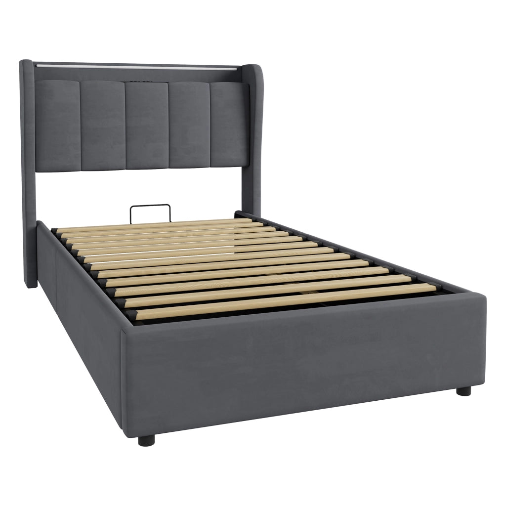 Letto singolo contenitore imbottito grigio scuro 90x200 cm con LED e dock di ricarica