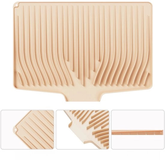 Bacchi da asciugatura e da lavaggio in silicone grandi, adatto per il bancone - 48 cm x 35 cm, antiscivolo e termoresistente (232,24°C) con foro di appoggio, tavolo e piatto multifunzionale (beige)