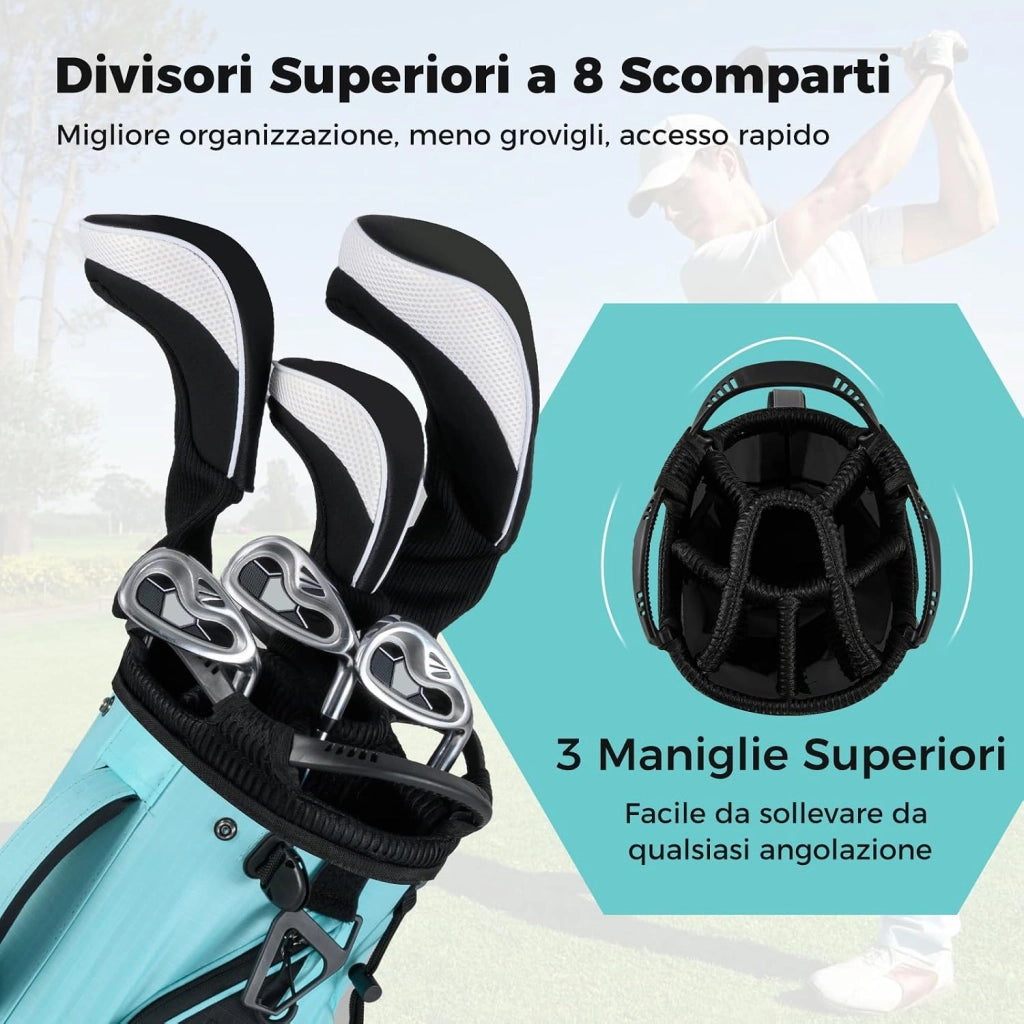 Borsa da Golf con Divisori Superiori a 8 Vie & 5 Tasche con Cerniera, Tracolla Regolabile a Doppia Spalla, Cappuccio Antipioggia e Portombrelli, Sacca da Golf per Donna e Uomo