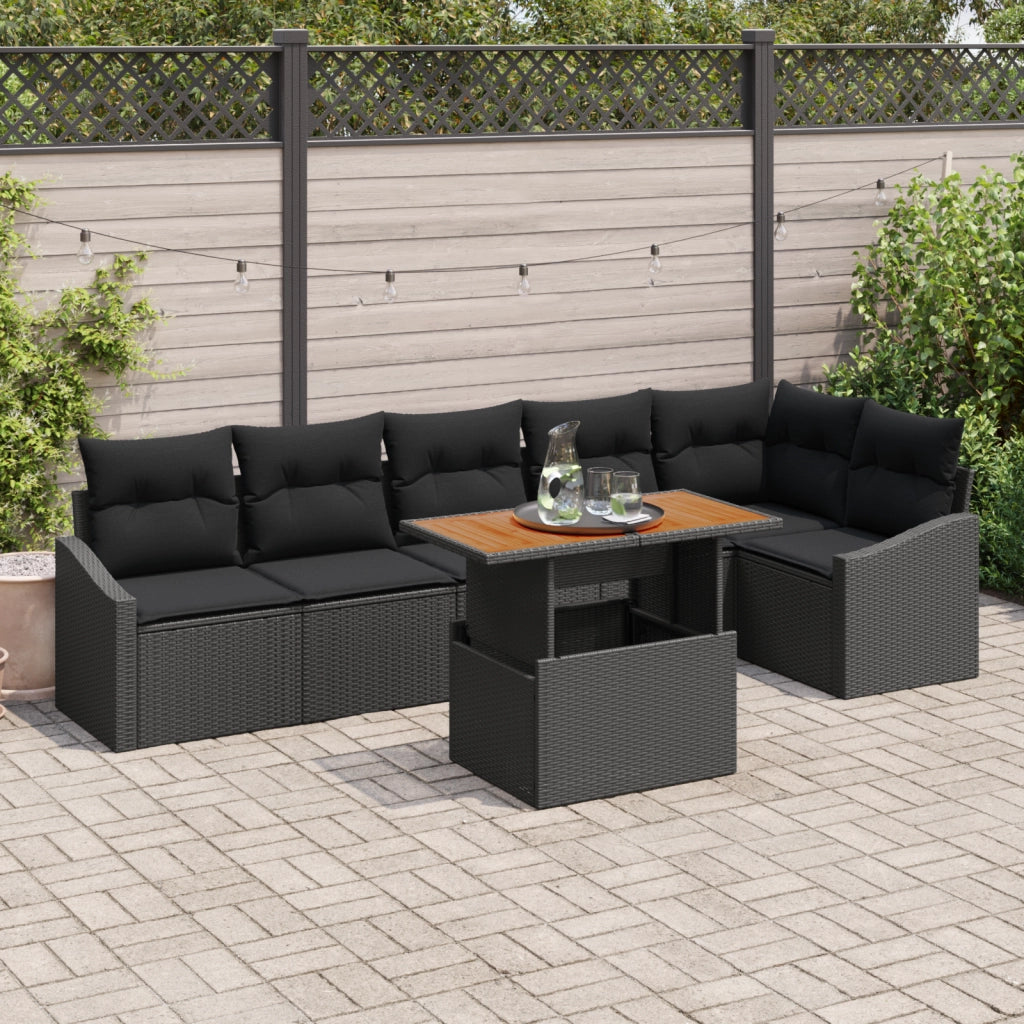 Set da Pranzo da Giardino in 7 Pezzi con Cuscini Rattan Nero Acacia