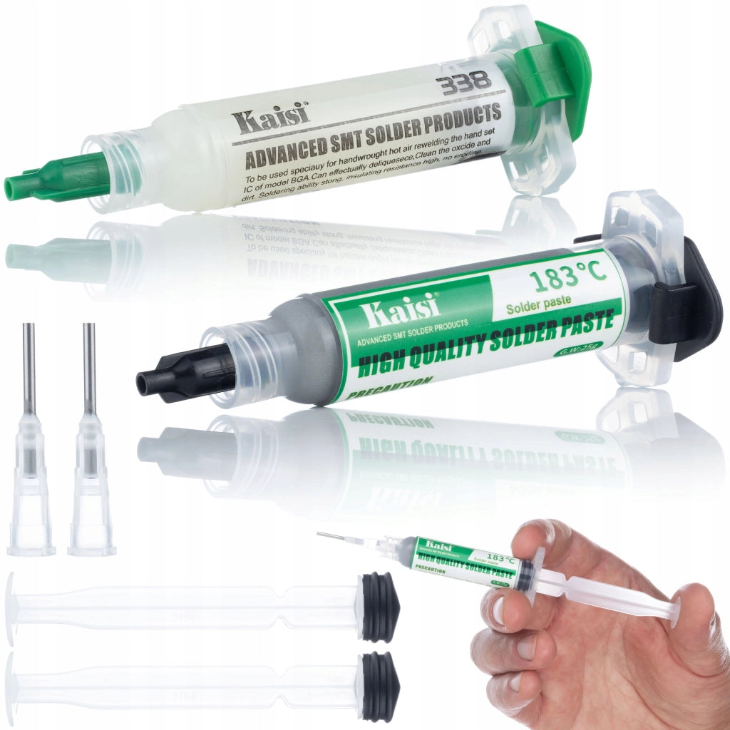 Set di Saldatura Flux 338 + Stagno Liquido 183°C + 2x Pistone, 2x Ago – Alta Qualità, Precisione, Versatilità