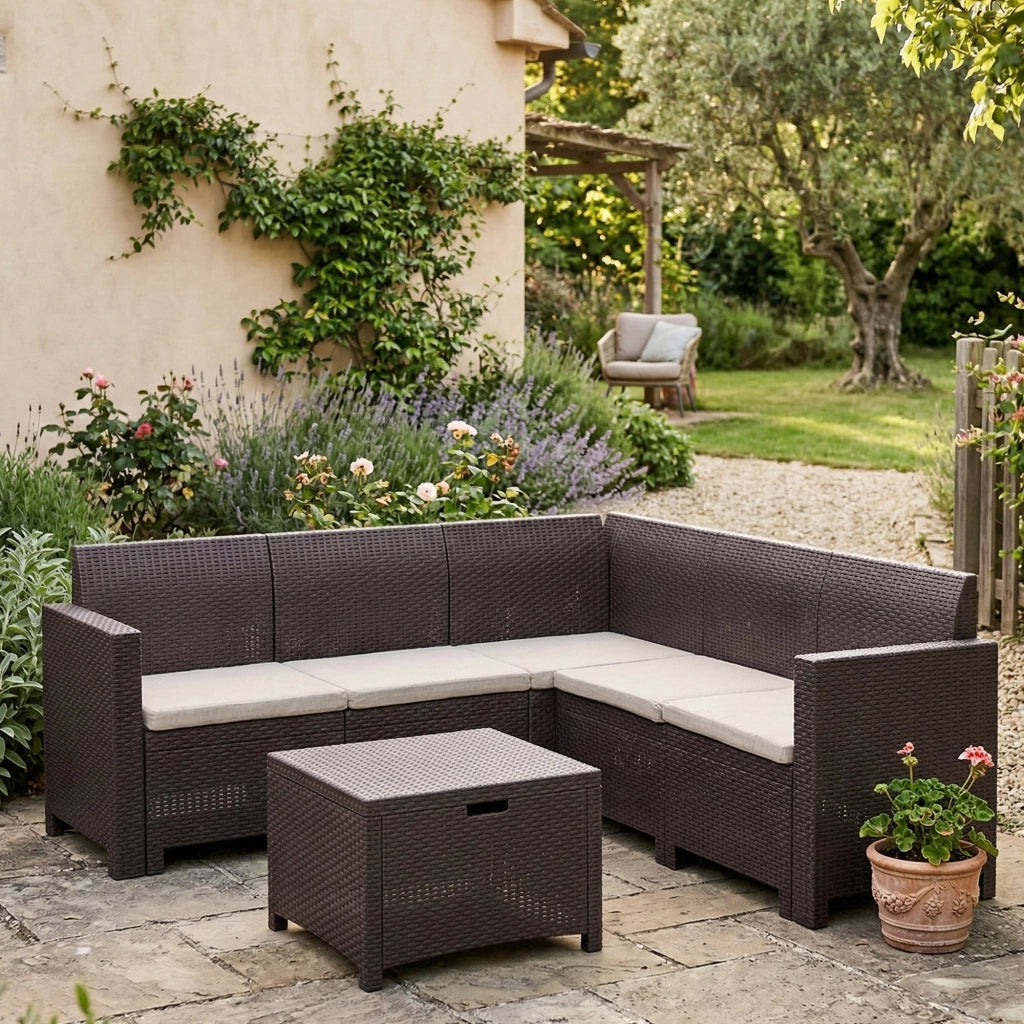 Salottino da esterno Somnus, Set da giardino con cuscini, Salottino  effetto rattan, 100% Made in Italy, Marrone