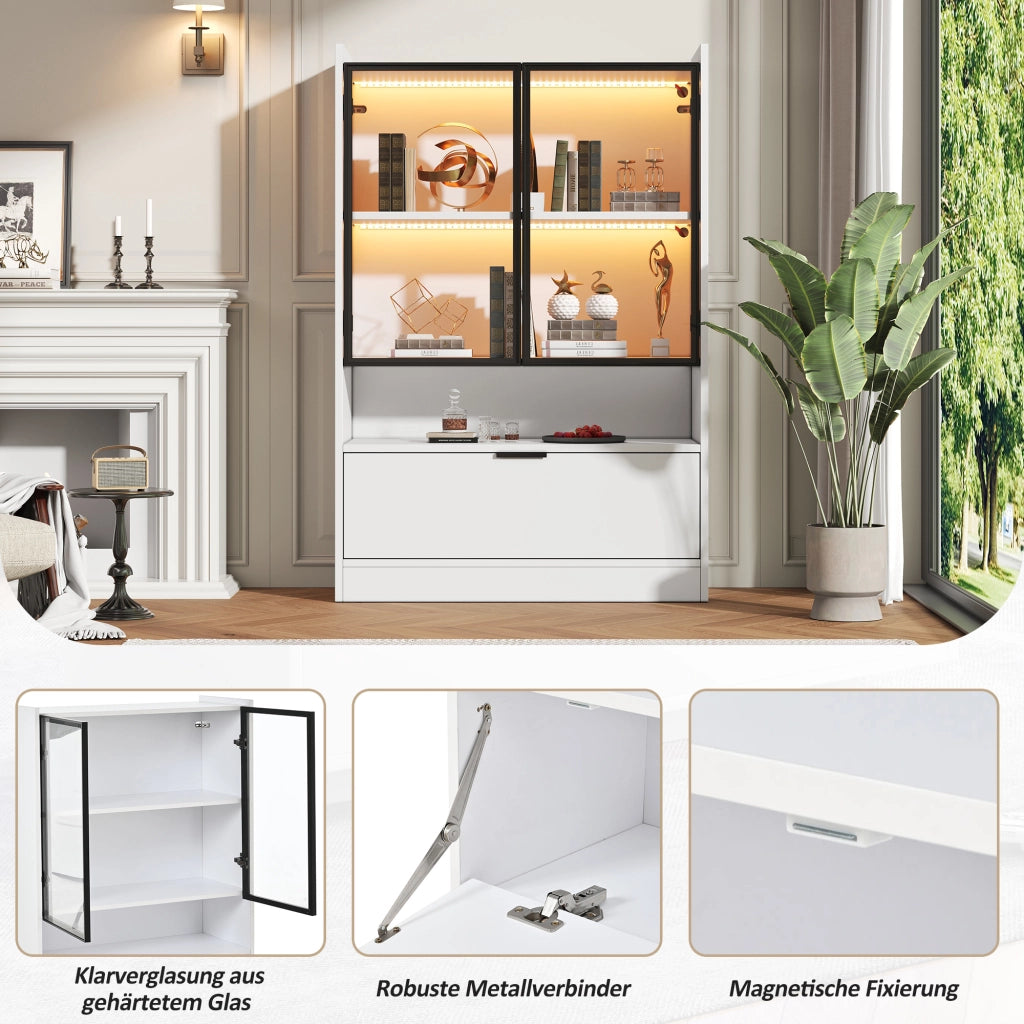 Vetrina con LED e ante in vetro, vano ribaltabile, per soggiorno, in truciolare e vetro, bianco 120 × 80 × 35 cm