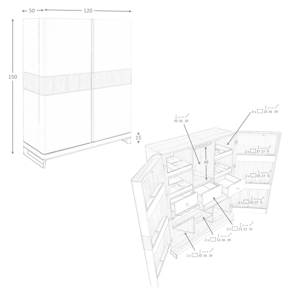 Credenza alta in similpelle, noce e acciaio lucido