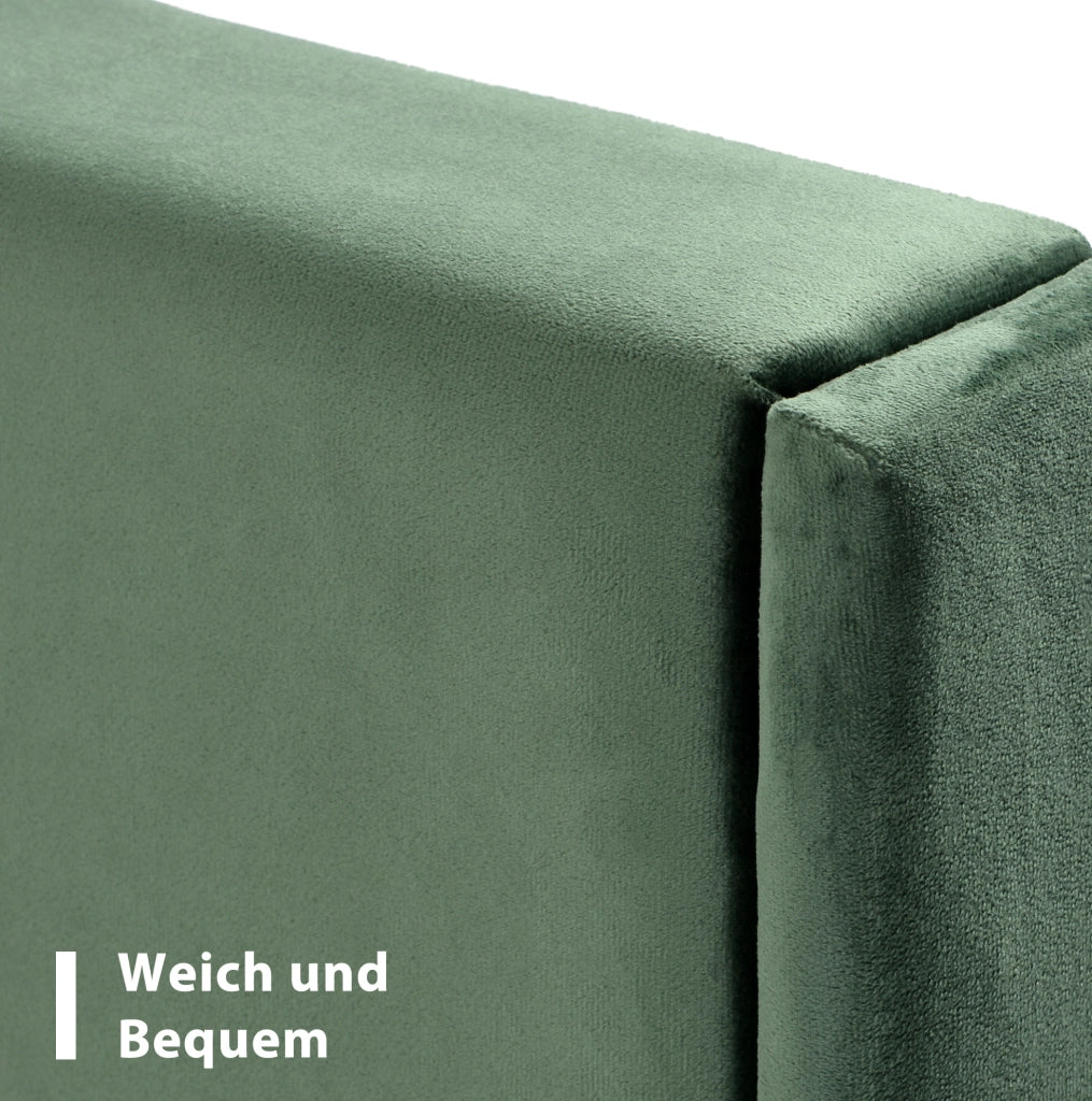 Letto imbottito 140x200 cm con testiera e rete a doghe; velluto verde scuro