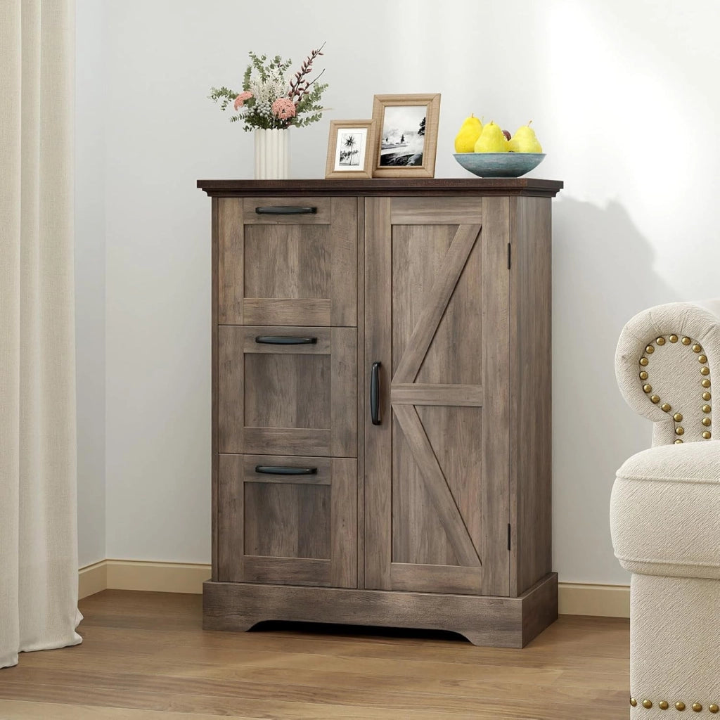Mobiletto da Pavimento in Legno, Organizzatore per Conservazione Rustico con Porta da Fienile e 3 Cassetti, Buffet Laterale Autonomo per Cucina, Soggiorno, Sala da Pranzo (Grigio)
