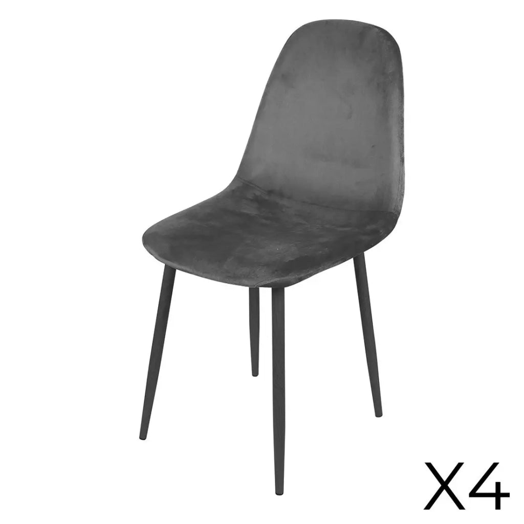 Set di 4 sedie LOLY, seduta e schienale in velluto grigio, struttura in metallo nero.