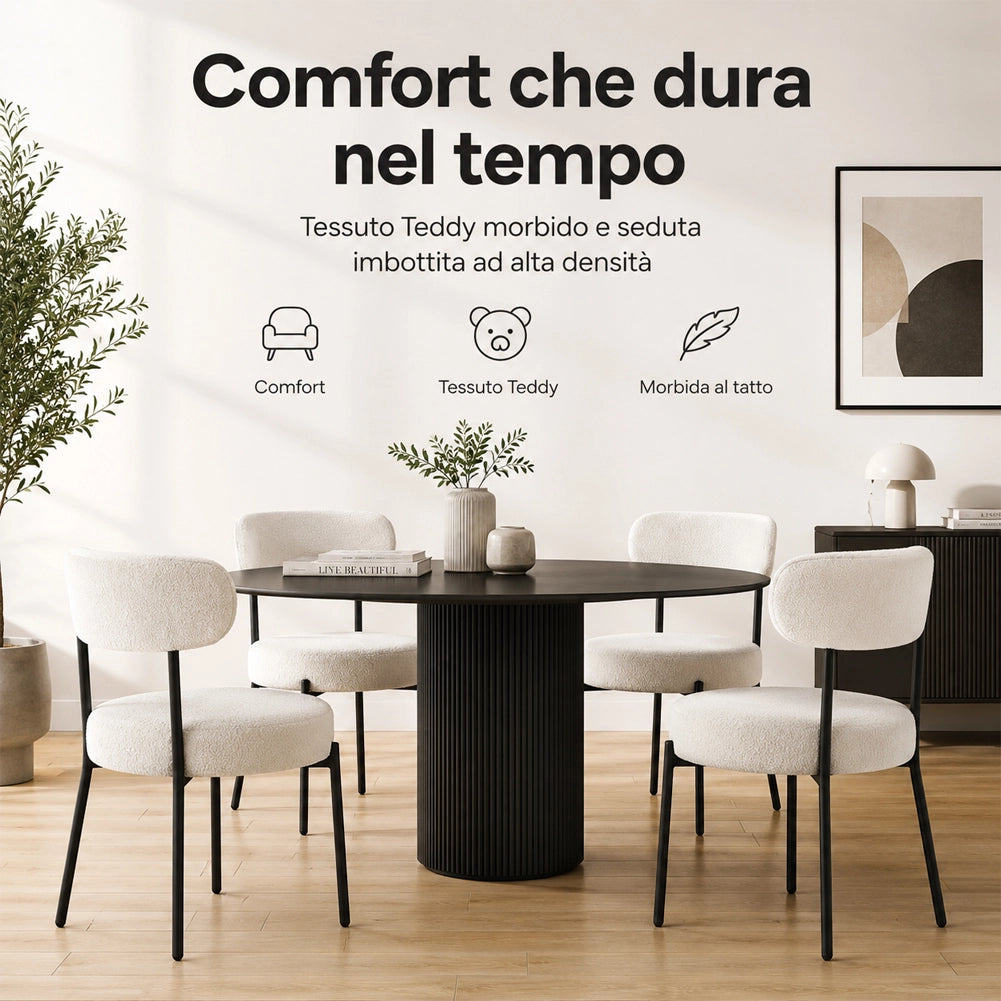 Set 4 Sedie da Pranzo con Gambe Metallo e Seduta Tessuto Teddy Imbottita Crema