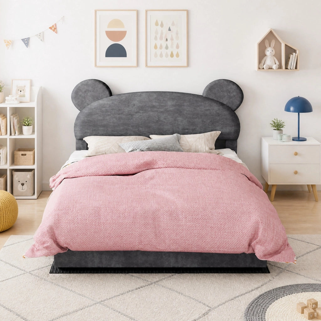 Letto imbottito con testiera sagomata e contenitore pneumatico; 140x200 cm; grigio