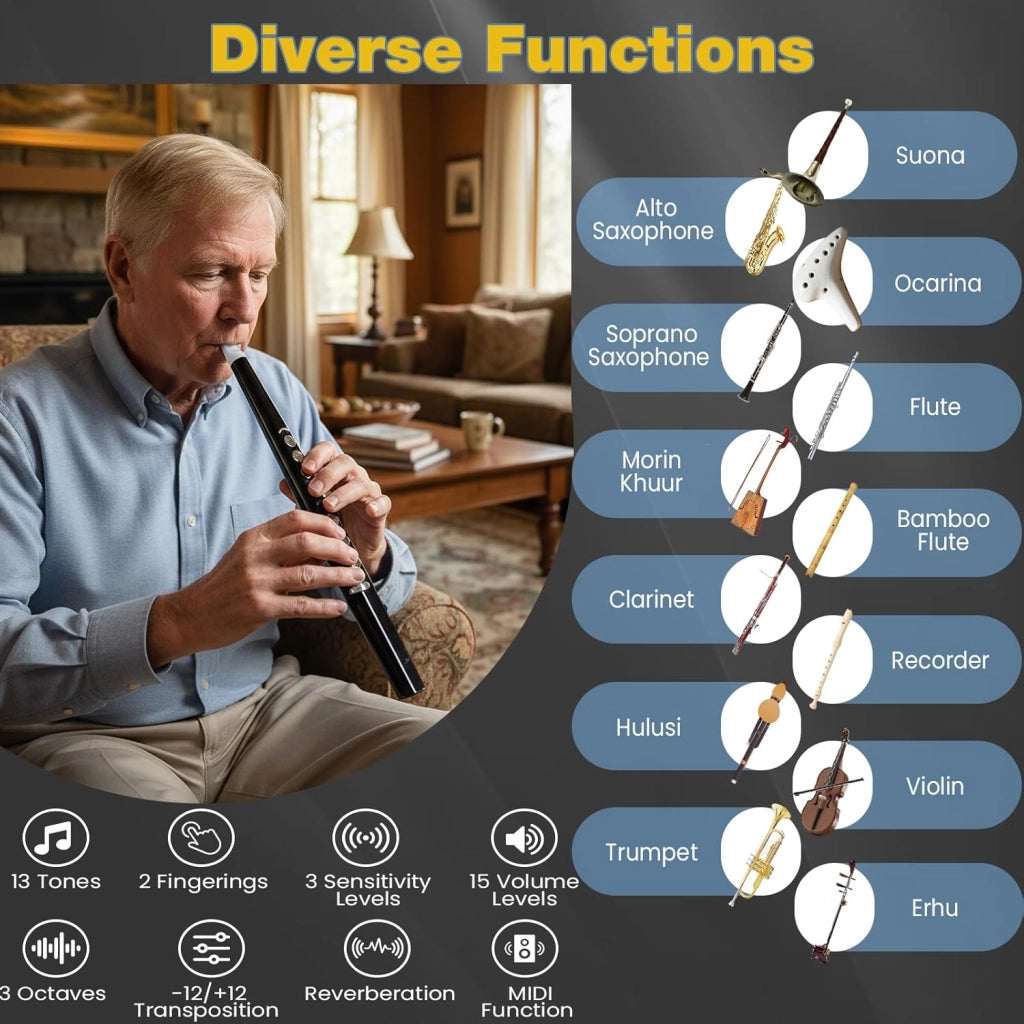Strumento a Fiato Digitale Connettività MIDI Bluetooth USB, con 13 Toni, 2 Dita (Sassofono/Flute), Sassofono Elettronico Portatile con Borsa da Trasporto, per Principianti, Bambini e Adulti