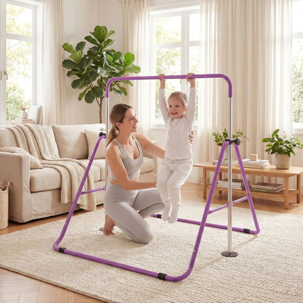 KOMFOTTEU Barra da ginnastica pieghevole per bambini, barra orizzontale con altezza regolabile in 5 livelli da 90 a 130 cm, carico di 70 kg, attrezzatura portatile per allenamento per interni esterni