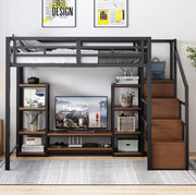 Letto a soppalco 140x200 con supporto TV, presa integrata e scala contenitiva