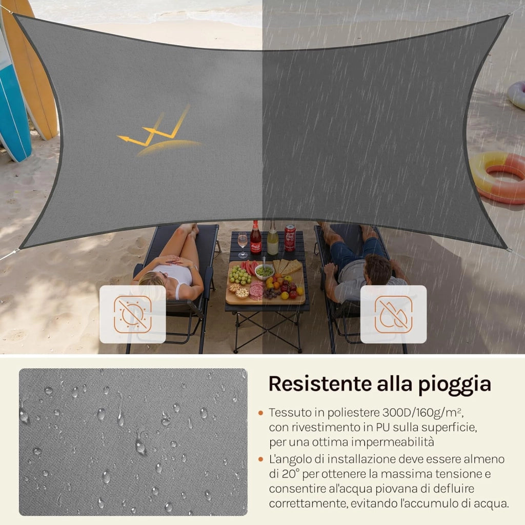 Vela ombreggiante 4x6m in PES 160 g/m² Idrorepellente Tenda a Vela Parasole Rettangolare Protezione Solare Respirante Anti UV Giardino Esterni Grigio