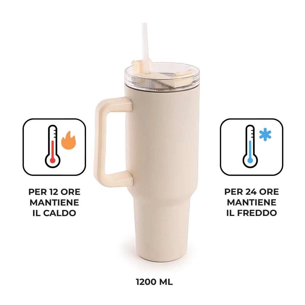 Borraccia Termica Americana 1200 ml in Acciaio Inox Doppio Strato Sottovuoto con Cannuccia e Manico – Smalto Antigraffio, Isolamento Caldo/Freddo, Coperchio Ermetico Panna